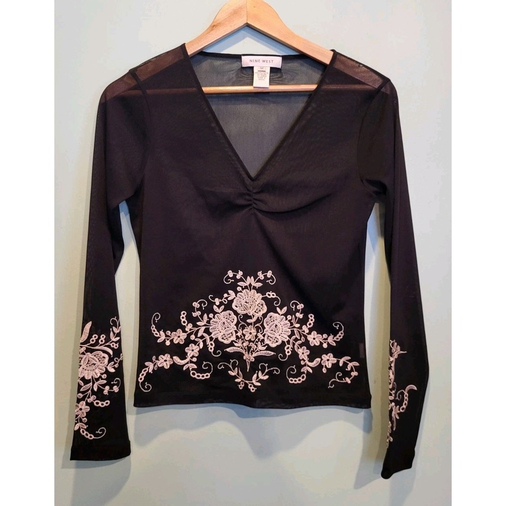 Black Sheer Stretch Mesh Floral Embroidered Whimsigoth Fairy Grunge Top Sz M